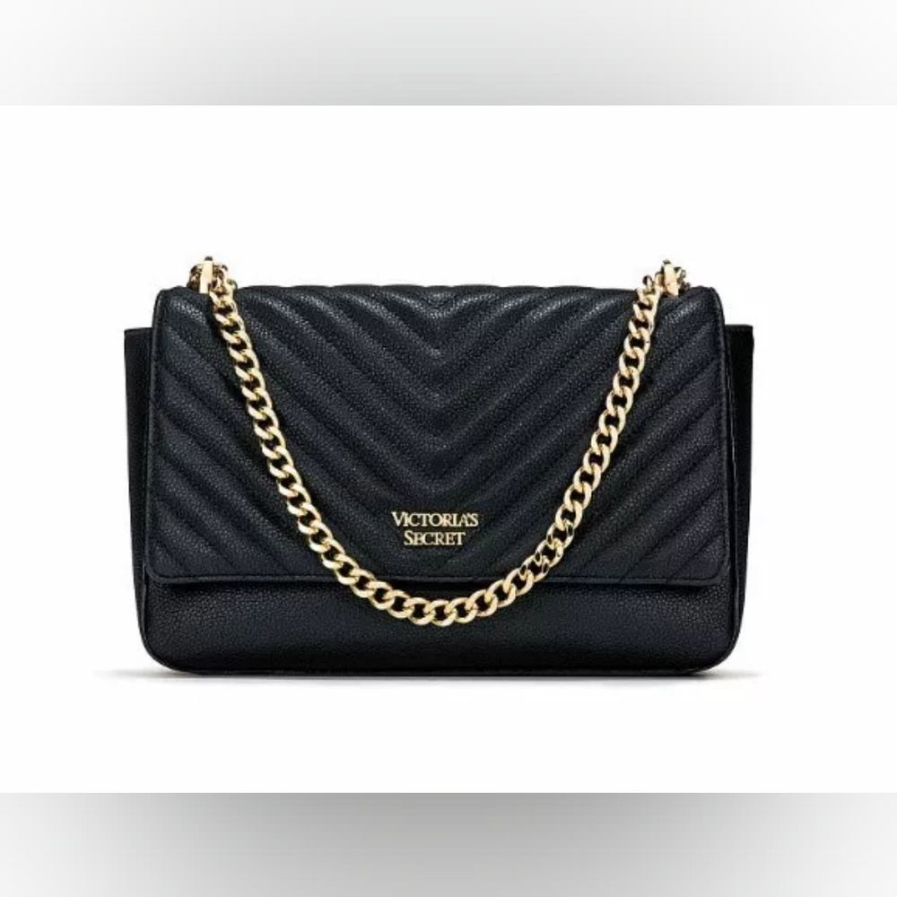 Victoria's Secret Pebbled Black V-quilt Street Shoulder Bag Chain Strap Purse